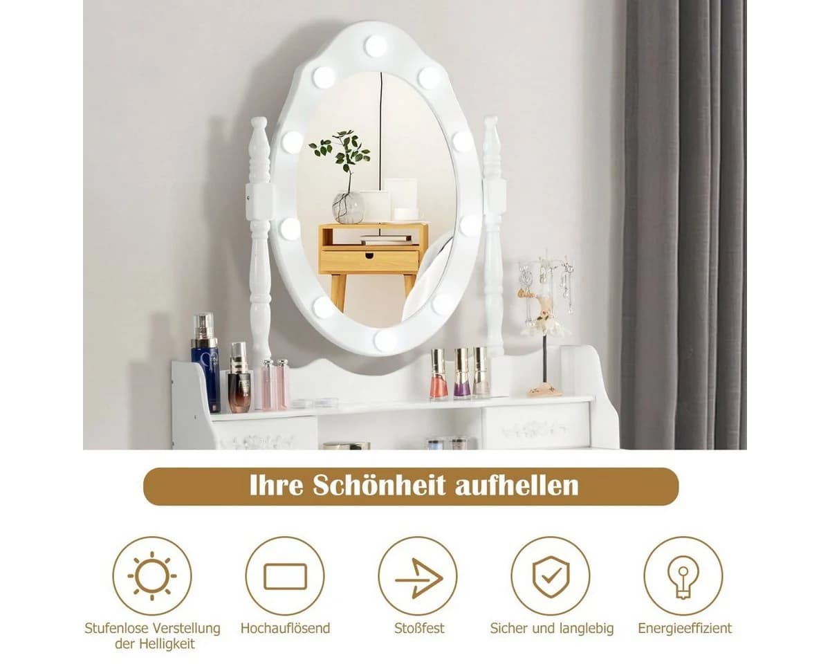 COSTWAY Schminktisch mit drehbarem Spiegel und Beleuchtung Weiß - Bild 3