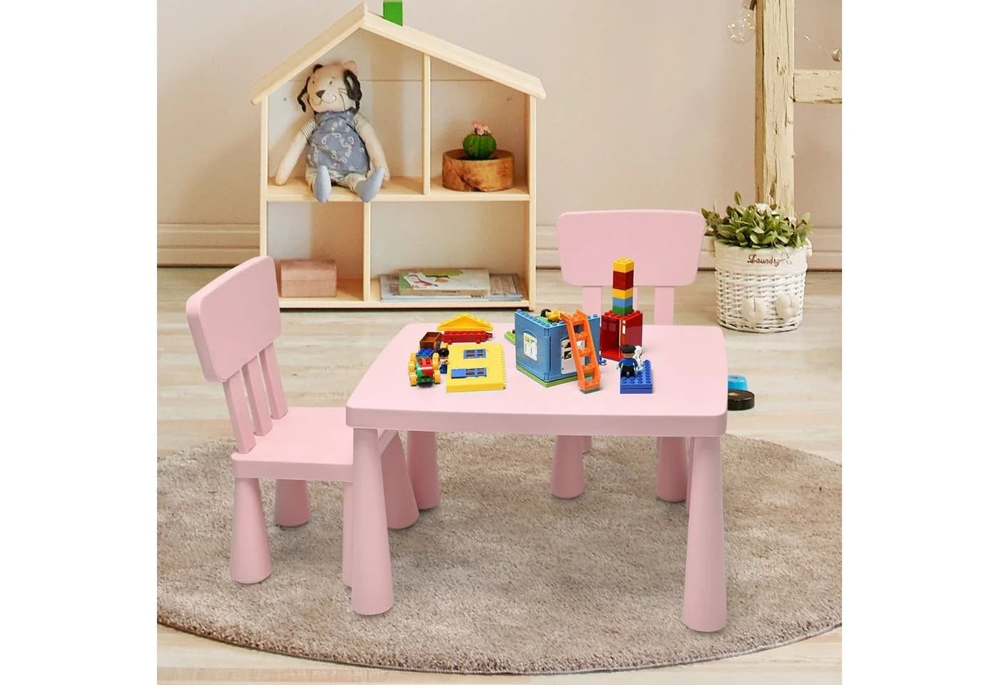 COSTWAY Kindersitzgruppe 3 TLG. Rosa Kindertisch mit 2 Stühlen