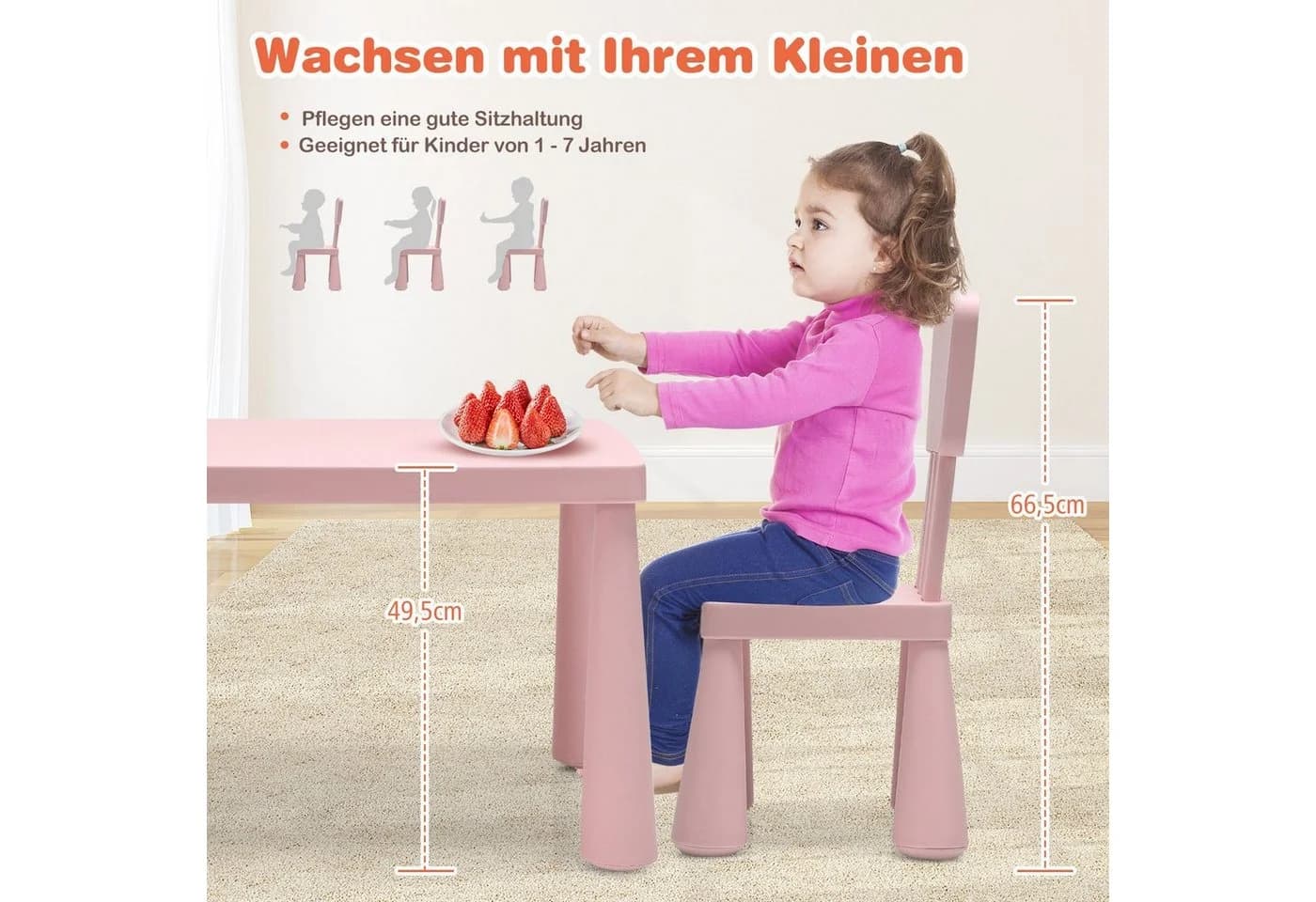 COSTWAY Kindersitzgruppe 3 TLG. Rosa Kindertisch mit 2 Stühlen - Bild 3