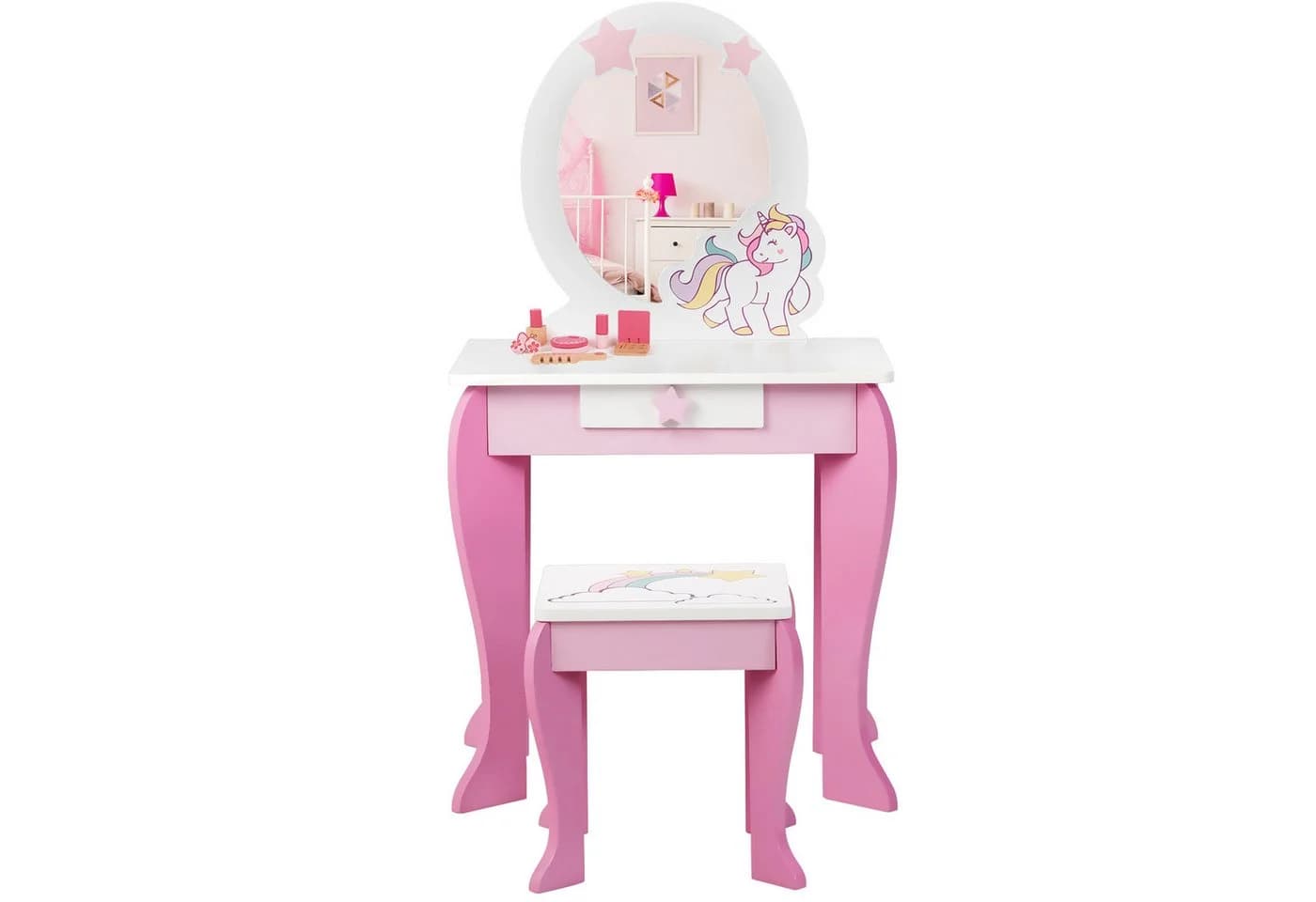 COSTWAY Schminktisch Kinder Rosa mit Hocker, Schublade und abnehmbarem Spiegel - Bild 2