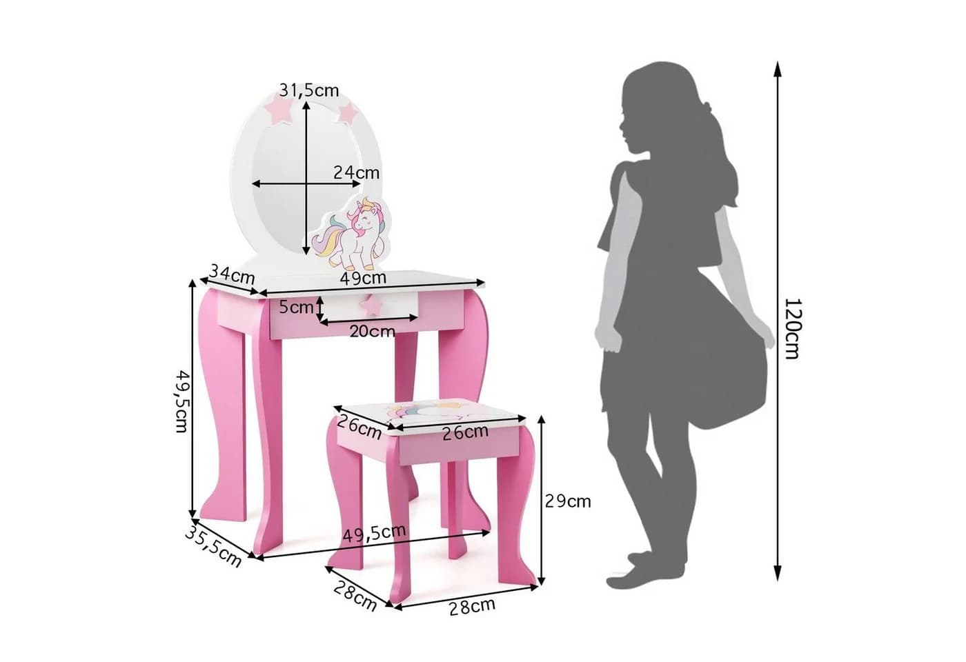 COSTWAY Schminktisch Kinder Rosa mit Hocker, Schublade und abnehmbarem Spiegel - Bild 5