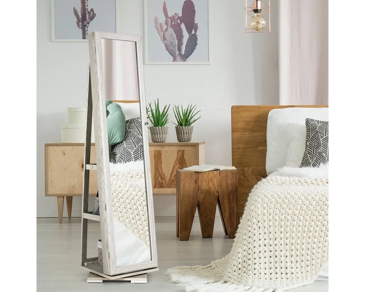 COSTWAY Schmuckschrank Stehend mit Spiegel & Regal, Drehbar, Abschließbar