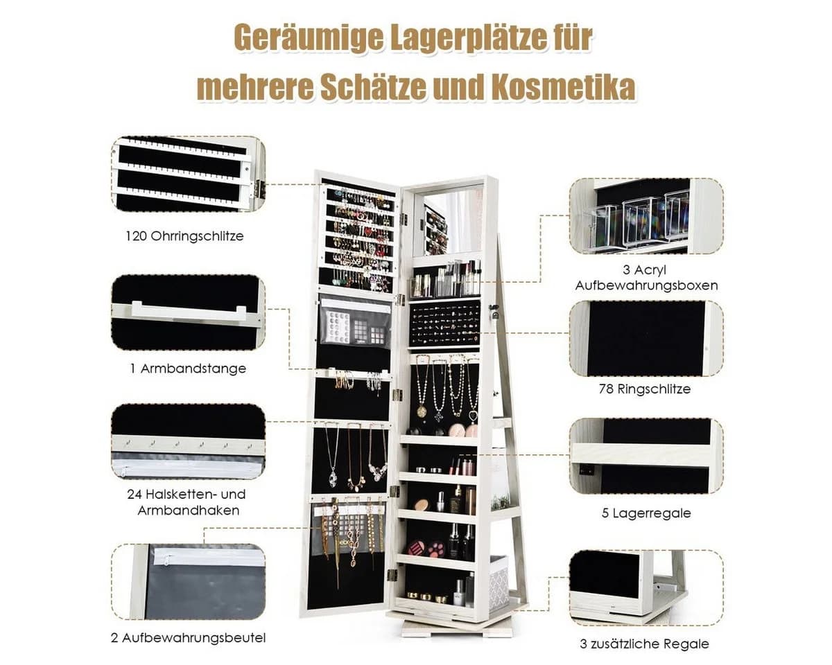 COSTWAY Schmuckschrank Stehend mit Spiegel & Regal, Drehbar, Abschließbar - Bild 5