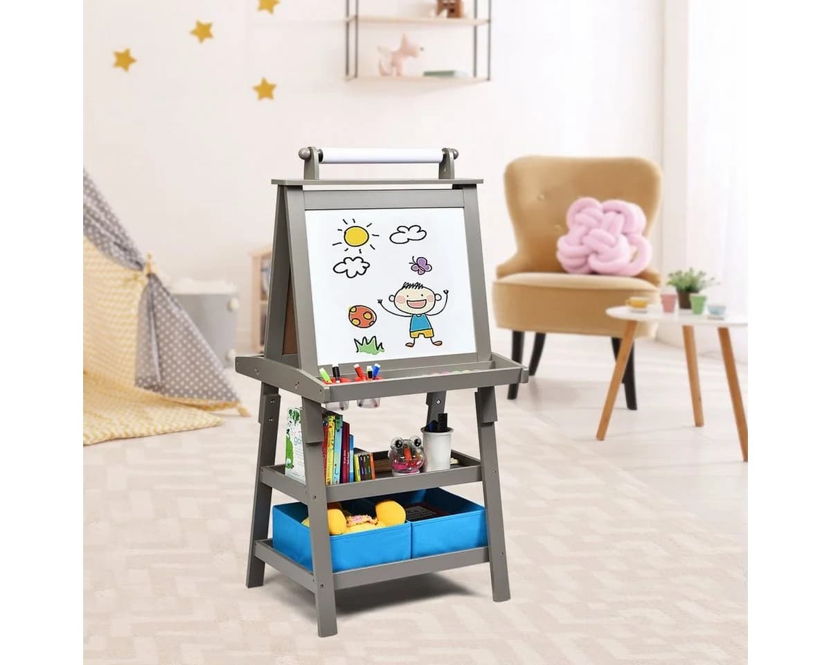 COSTWAY Kinder Staffelei Doppelseitig mit Magneten & 2 Boxen Grau