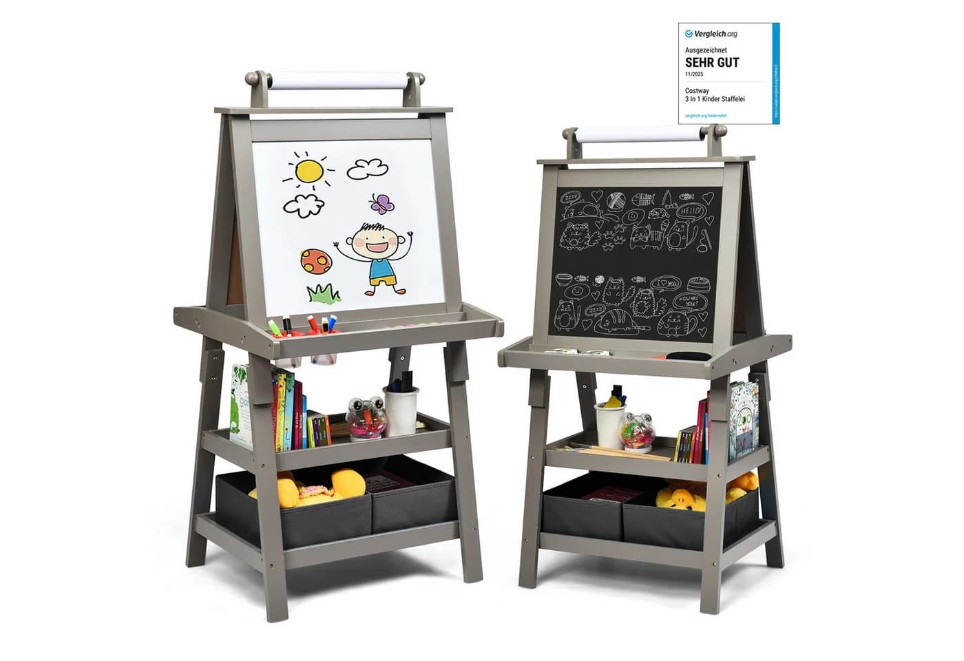 COSTWAY Kinder Staffelei Doppelseitig mit Magneten & 2 Boxen Grau - Bild 2