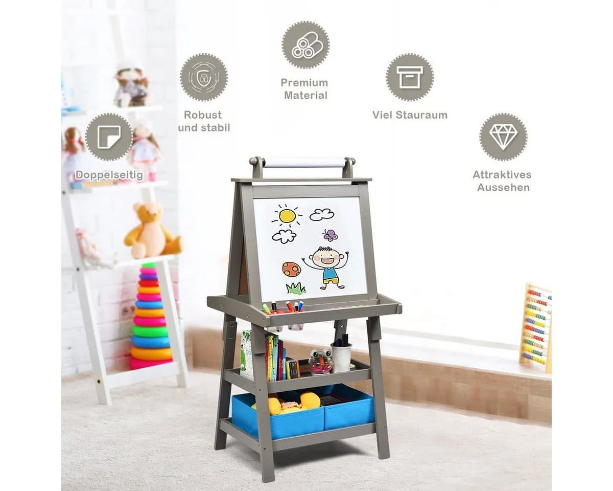 COSTWAY Kinder Staffelei Doppelseitig mit Magneten & 2 Boxen Grau - Bild 3