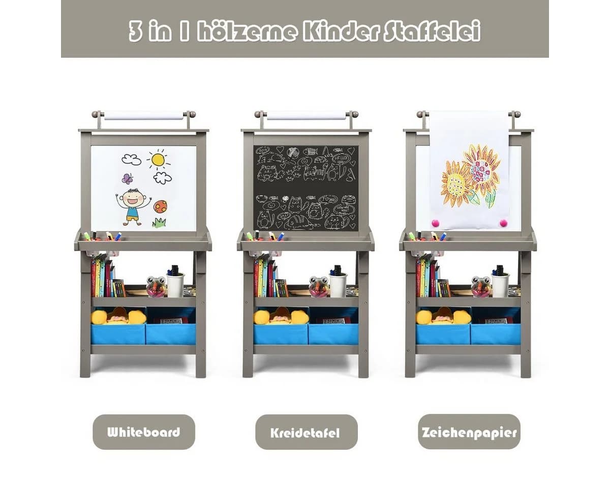 COSTWAY Kinder Staffelei Doppelseitig mit Magneten & 2 Boxen Grau - Bild 4