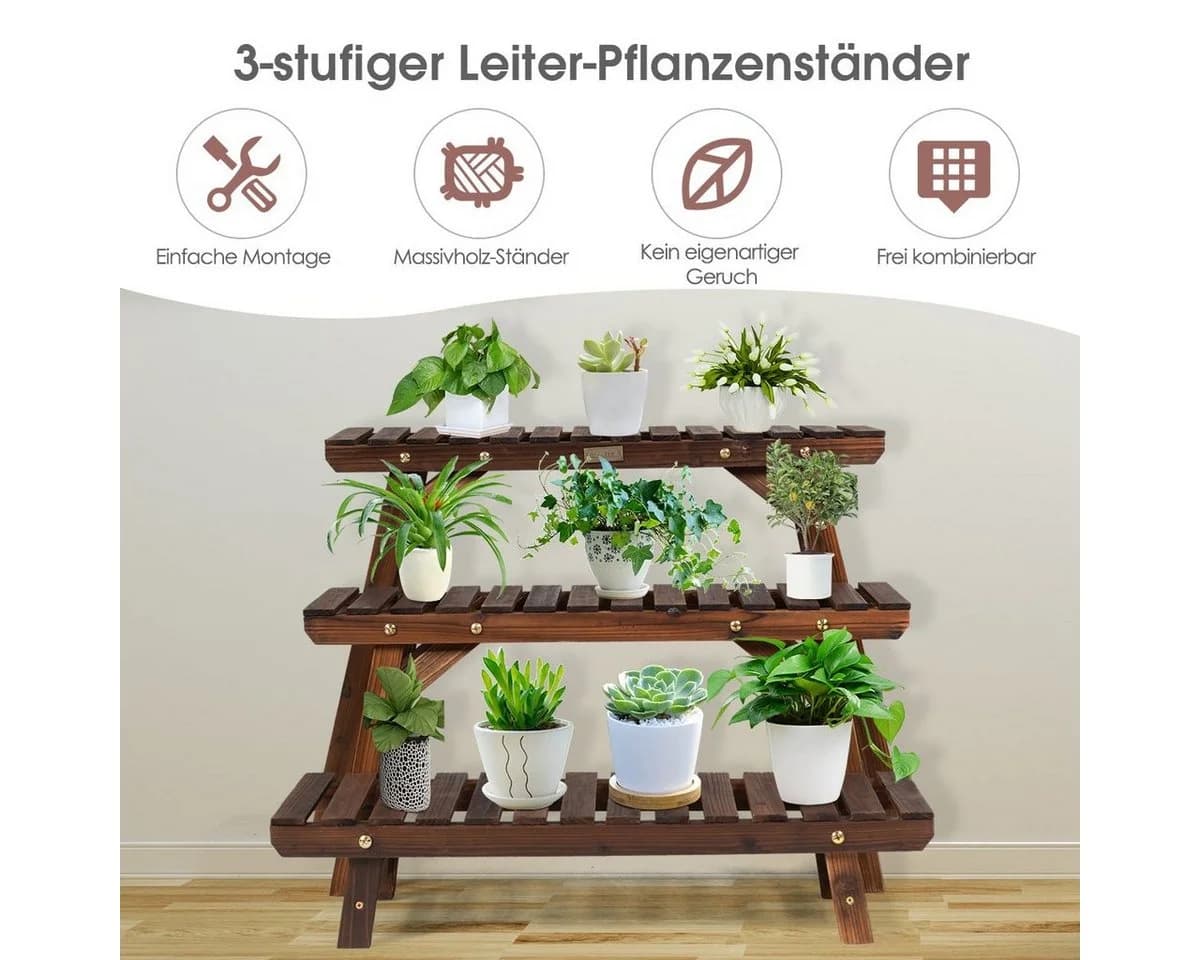 COSTWAY Pflanzentreppe 3 St. Blumenständer Braun Tannenholz - Bild 4