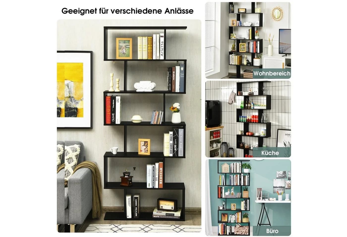 COSTWAY Bücherregal Standregal 6 Fächer 20 kg/Ebene 80x23x192cm Schwarz - Bild 3