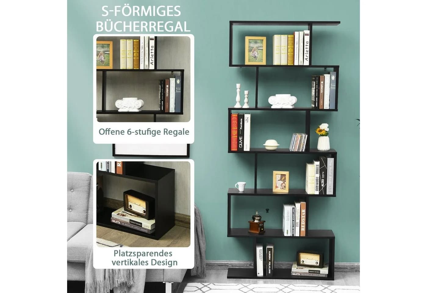 COSTWAY Bücherregal Standregal 6 Fächer 20 kg/Ebene 80x23x192cm Schwarz - Bild 4