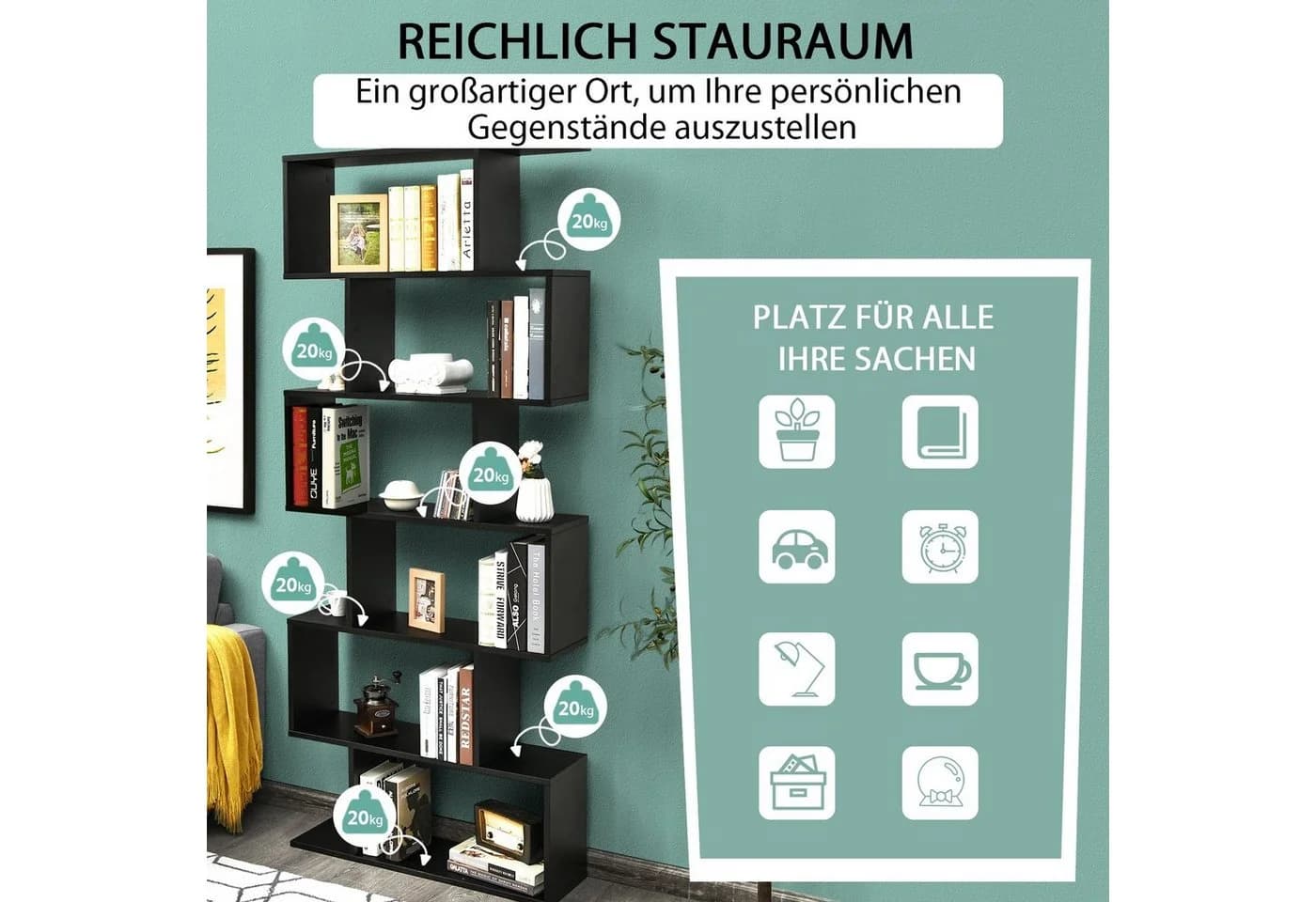 COSTWAY Bücherregal Standregal 6 Fächer 20 kg/Ebene 80x23x192cm Schwarz - Bild 5