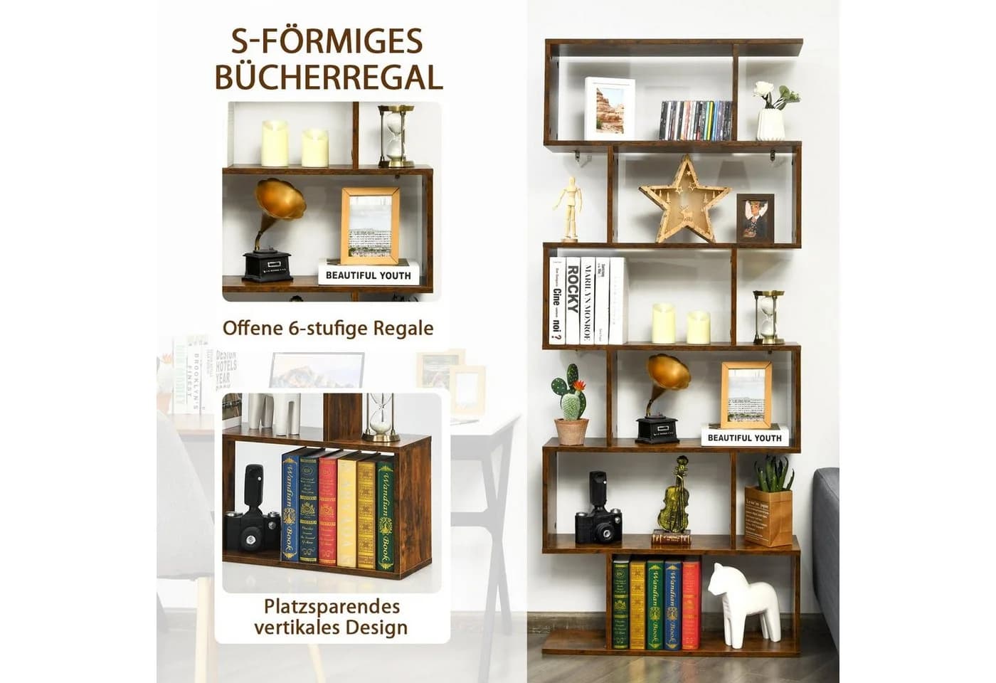 COSTWAY Bücherregal 6 Fächer 20 kg/Ebene 80x23x192cm Braun - Bild 3