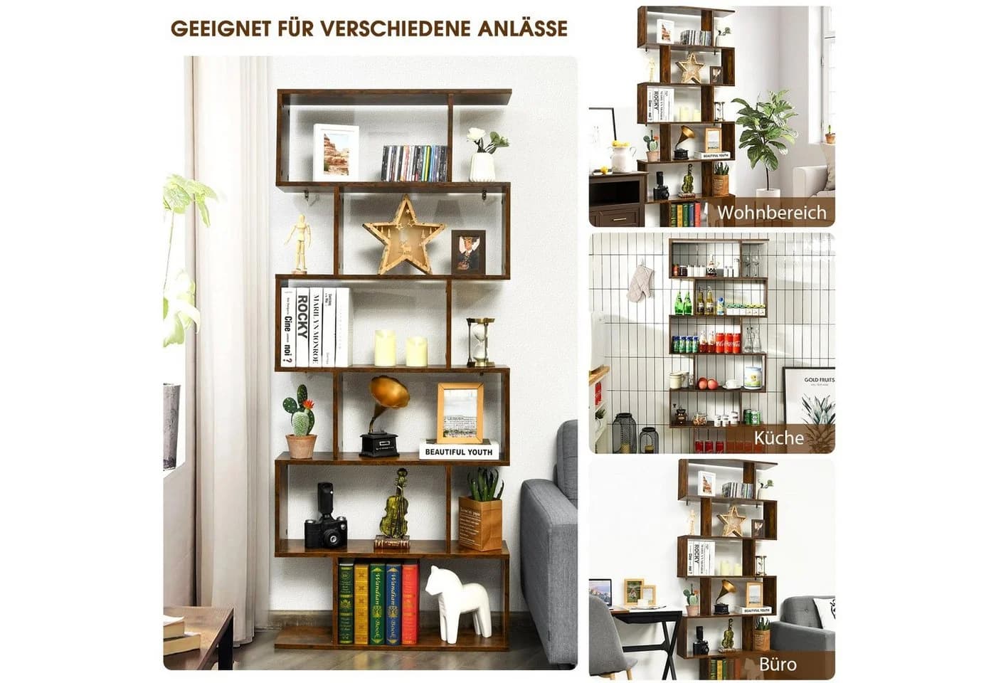 COSTWAY Bücherregal 6 Fächer 20 kg/Ebene 80x23x192cm Braun - Bild 4