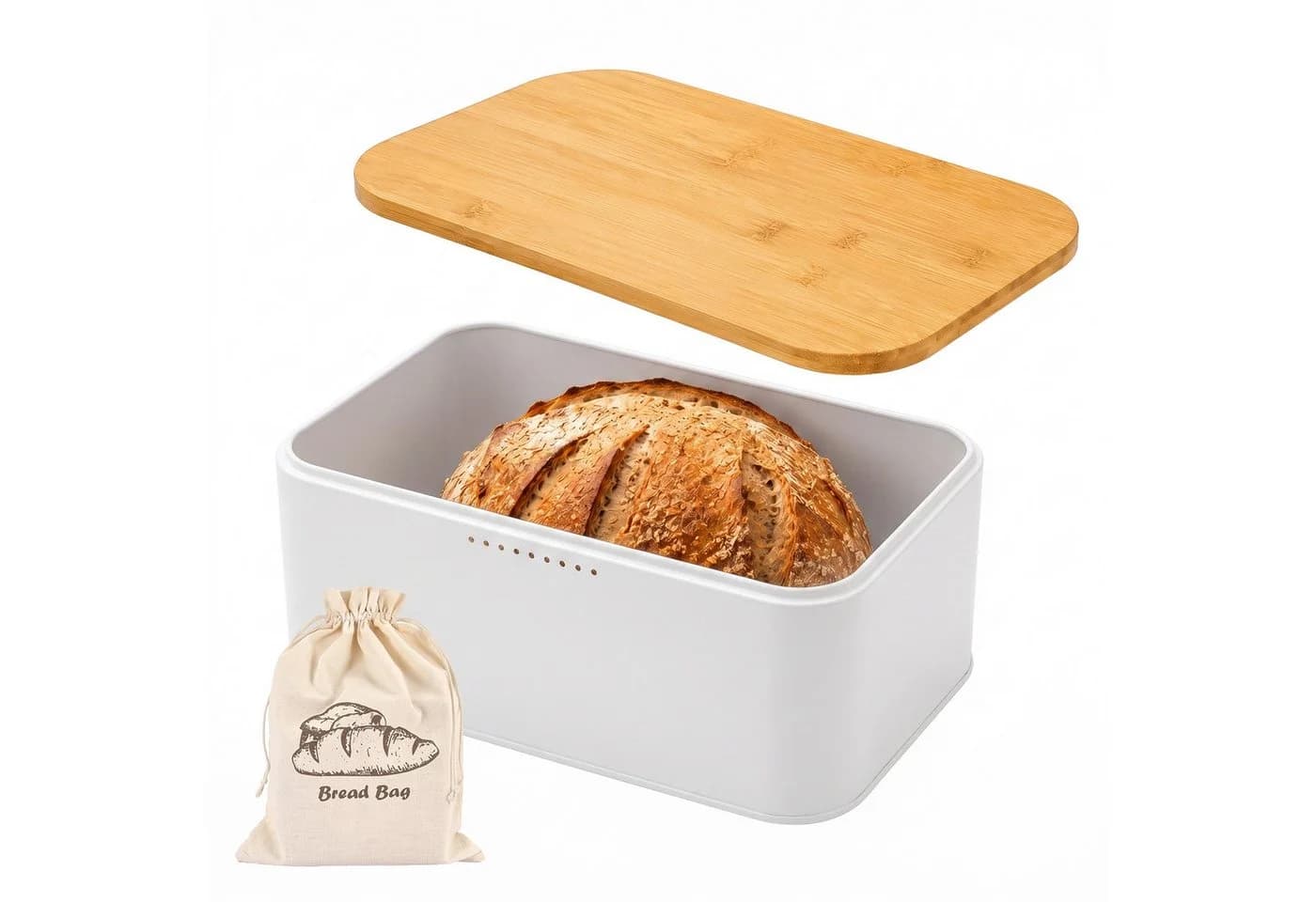 Youyijia Brotkasten Weiß mit Bambusdeckel als Schneidebrett - Bild 2