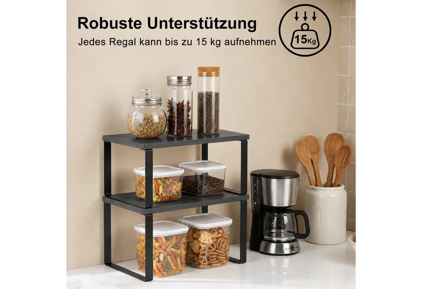 Youyijia Gewürzregal Organizer Set stapelbar Metall Holz Weiß/Natur - Bild 3
