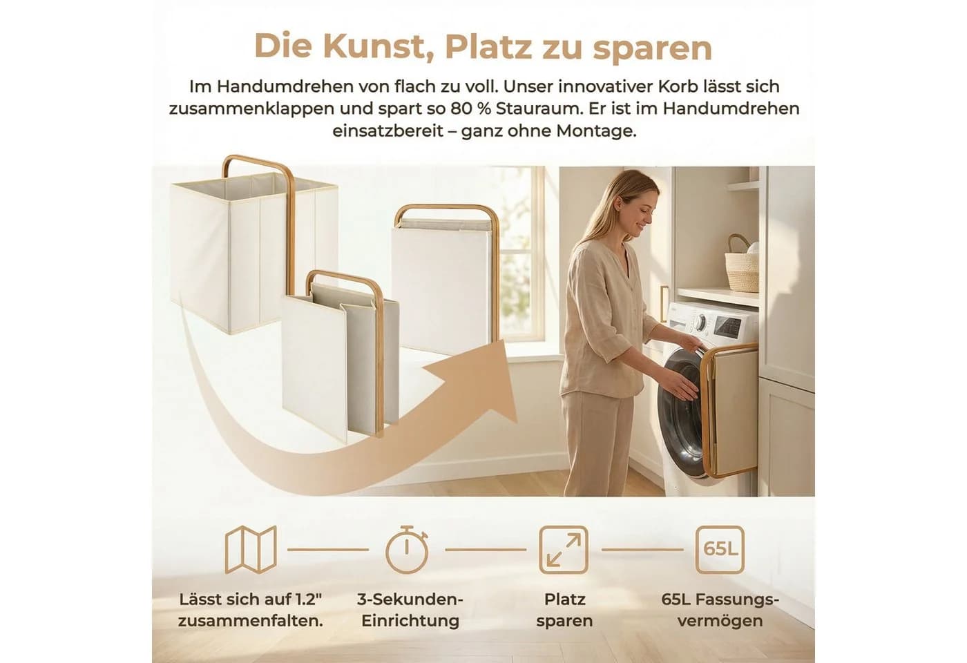 Youyijia Klappbarer Wäschekorb 65L Dunkelgrau Bambus