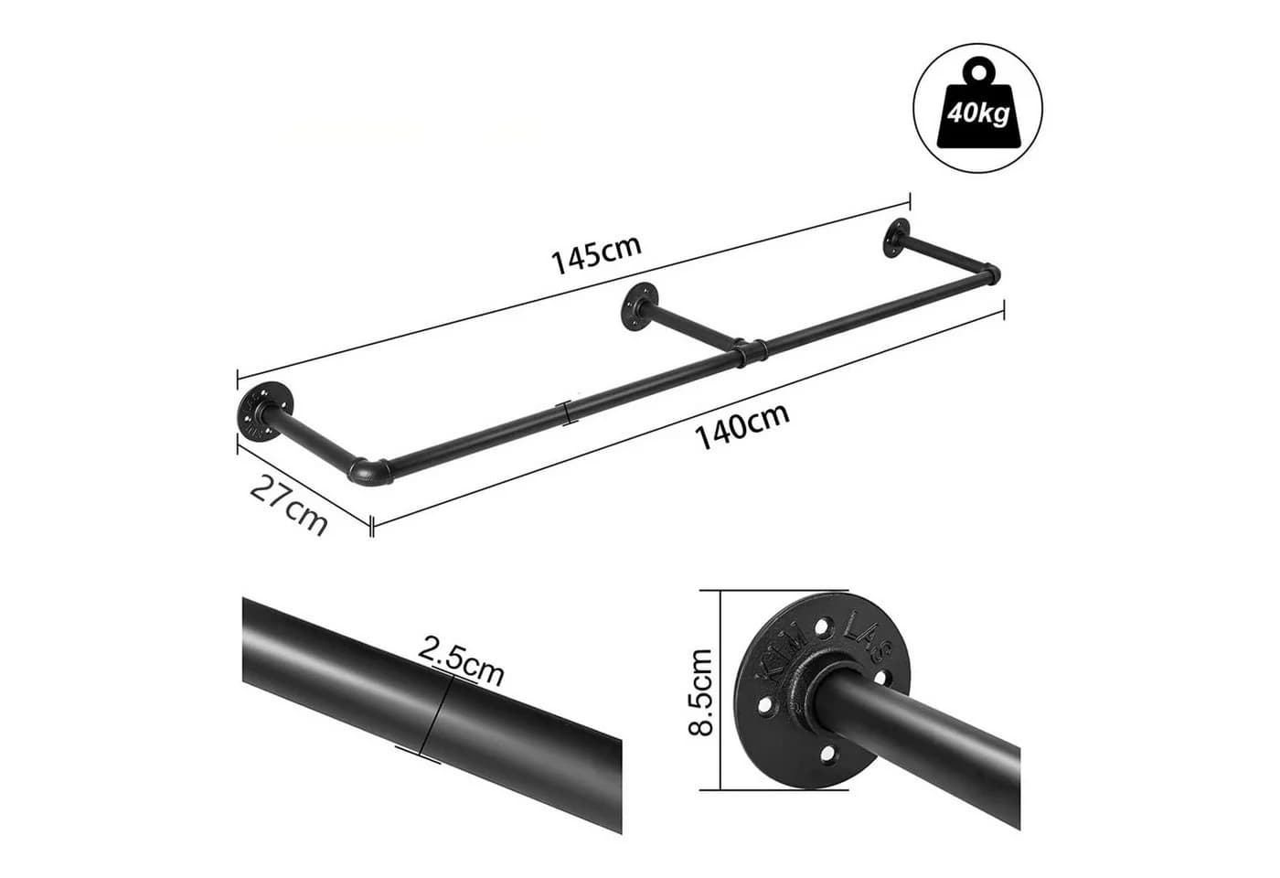 Youyijia Kleiderbügel Clothes Rack for Wall 140 cm Industrial Style