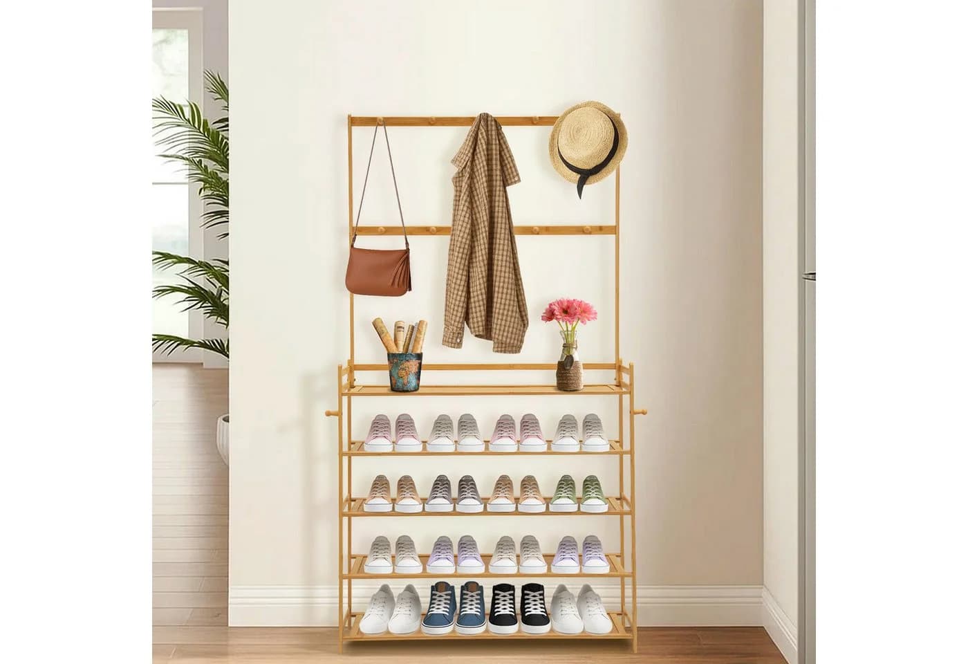 Youyijia Schuhregal mit Garderobe 2-in-1 Bambus Natur - Bild 3