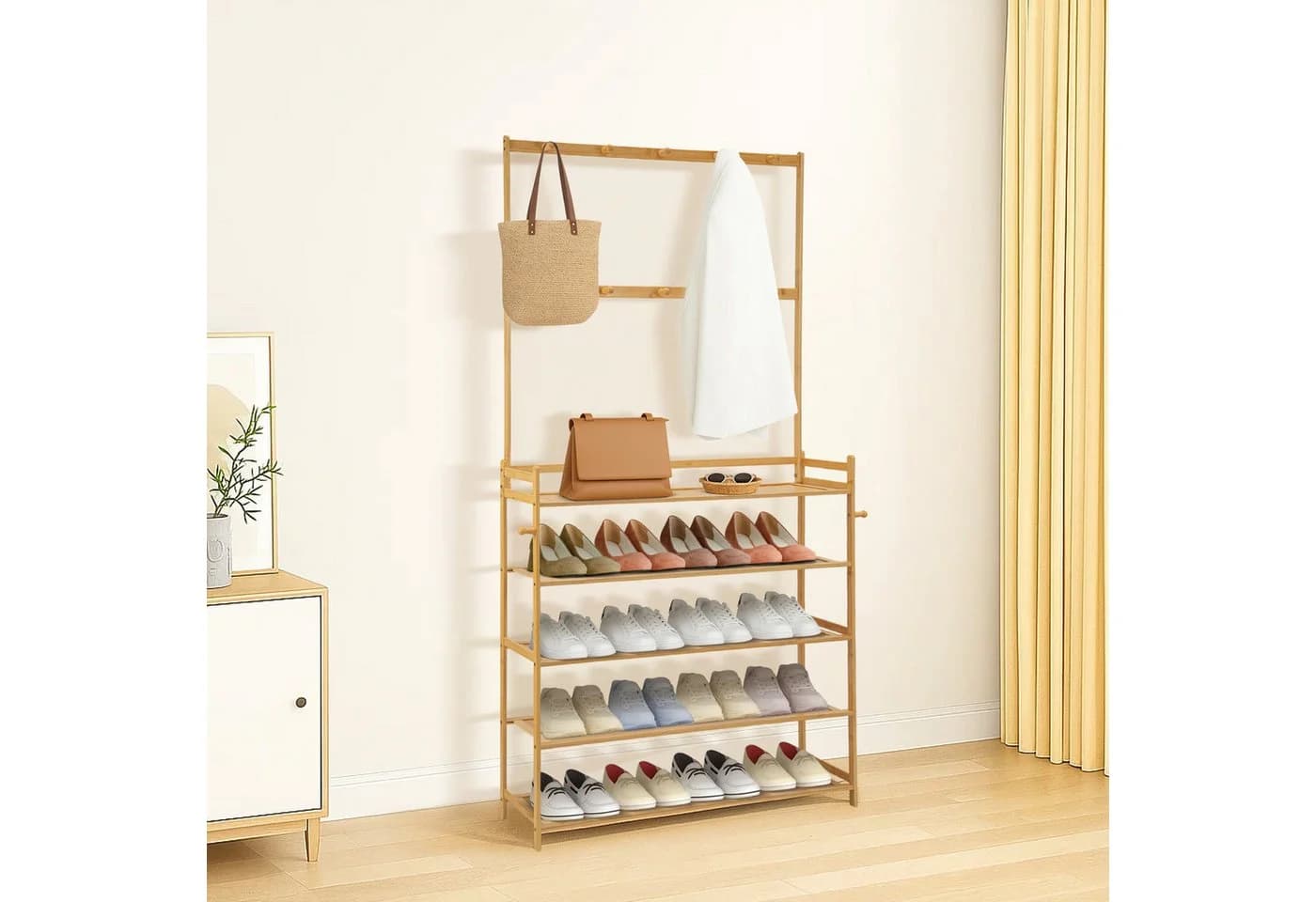 Youyijia Schuhregal mit Garderobe 2-in-1 Bambus Natur - Bild 4