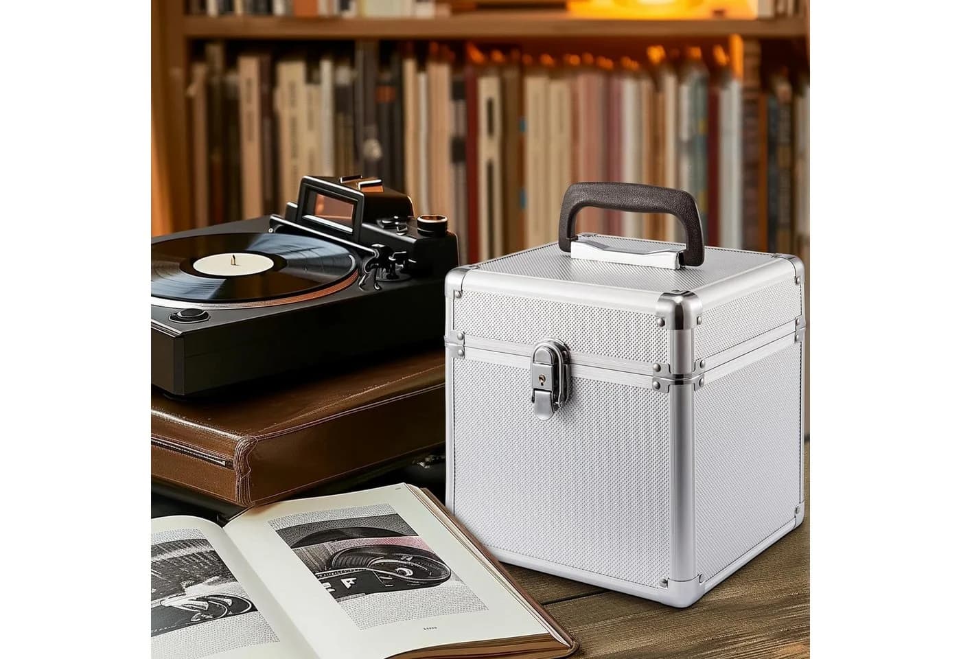 Youyijia Schallplattenkoffer für 50 LPs, abschließbar, Silber/Schwarz