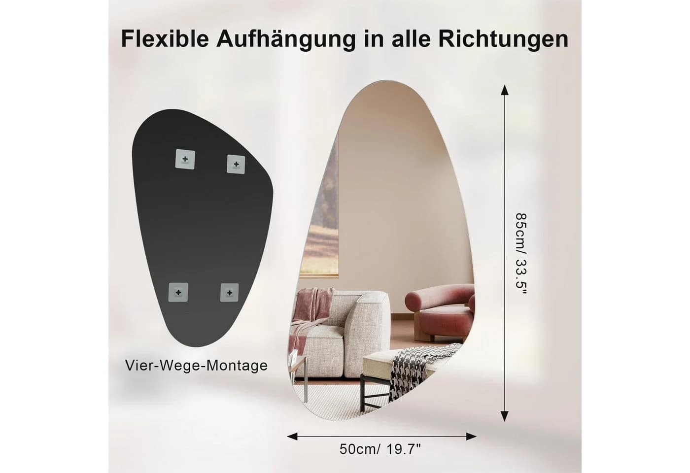 Youyijia Kosmetikspiegel Asymmetrisch Rahmenloser HD Glas Spiegel Silber
