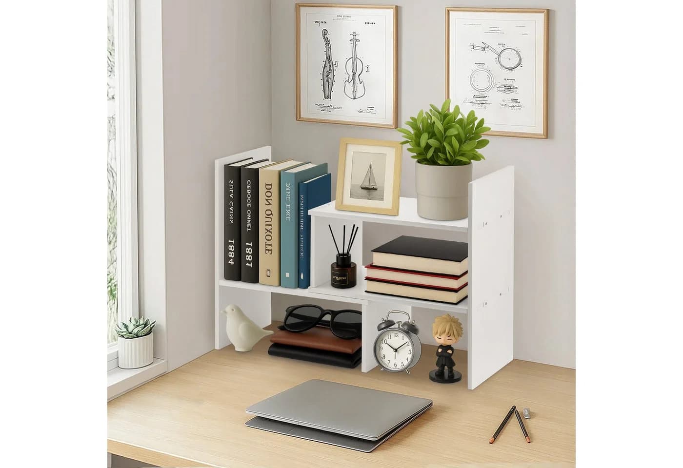 Youyijia Bücherregal Verstellbar Ausziehbar Standregal Schreibtisch-Organizer Weiß