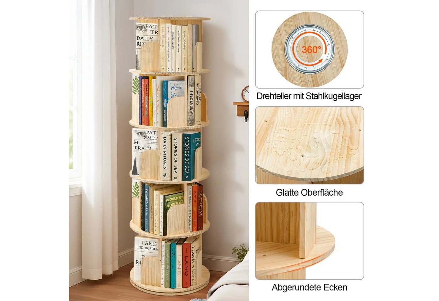 Youyijia Bücherregal 3/4/5-stöckig Drehregal Kiefernholz Naturholzfarbe - Bild 3