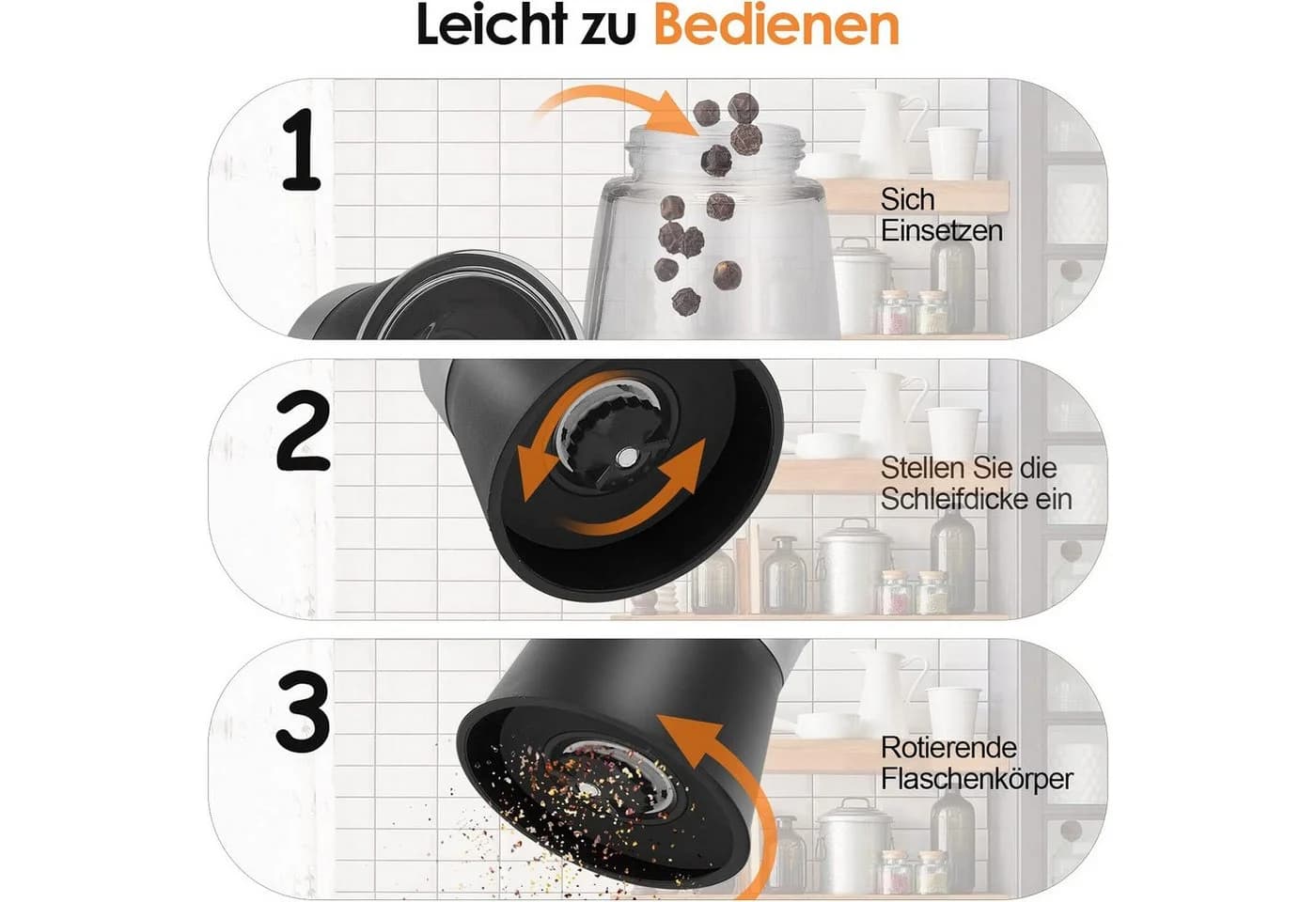Youyijia Pfeffermühle 6er Set Manuell Schwarz Transparent Keramik - Bild 3