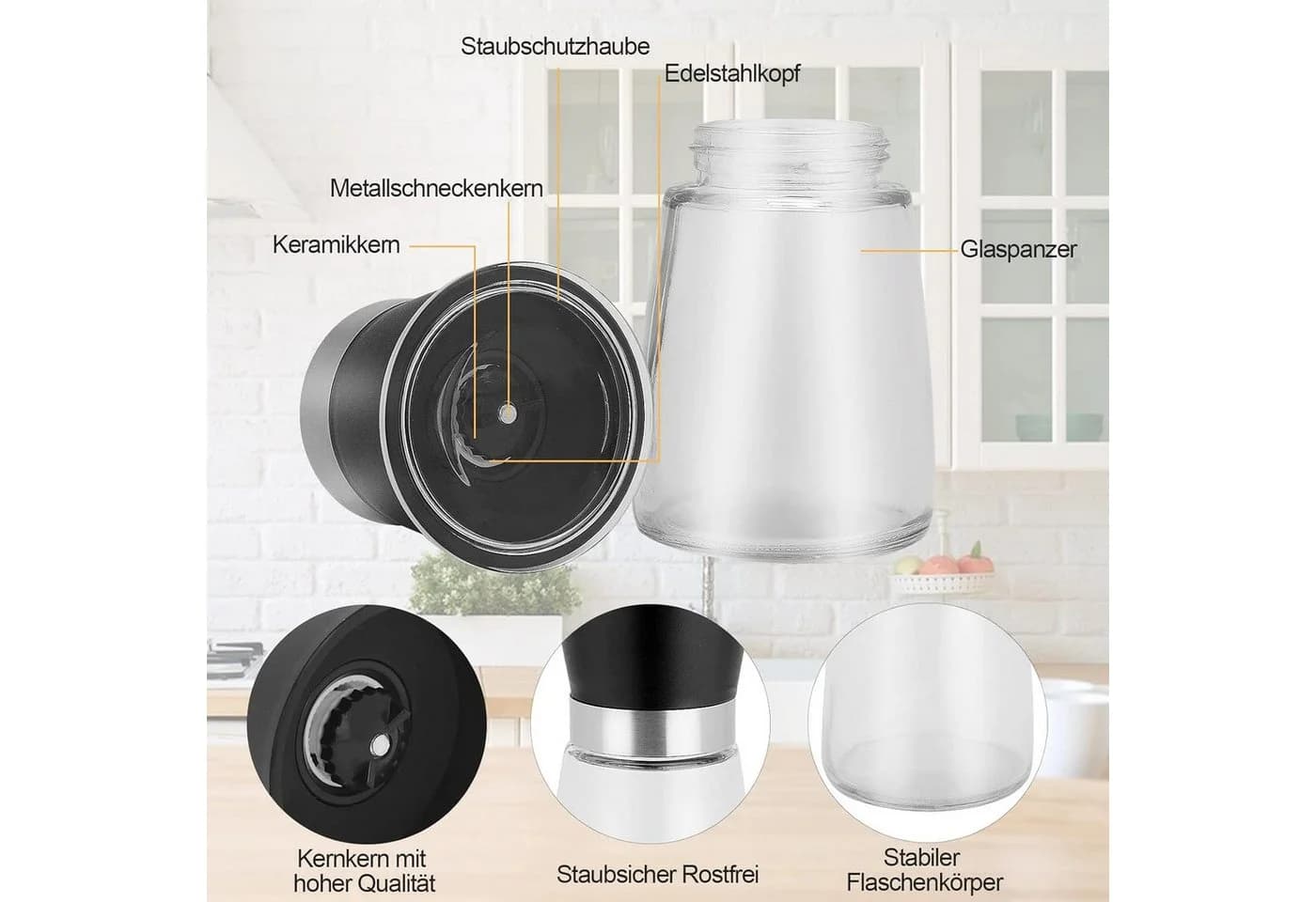 Youyijia Pfeffermühle 6er Set Manuell Schwarz Transparent Keramik - Bild 4