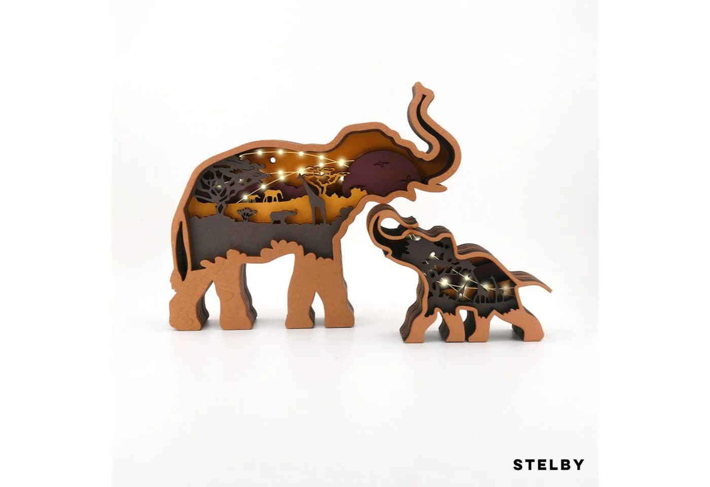 Stelby Dekofigur Tischdekoration Elefant Holzmodell LED mit Lichtern 2er-Set - Bild 3