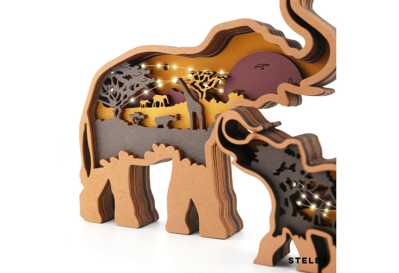 Stelby Dekofigur Tischdekoration Elefant Holzmodell LED mit Lichtern 2er-Set - Bild 5