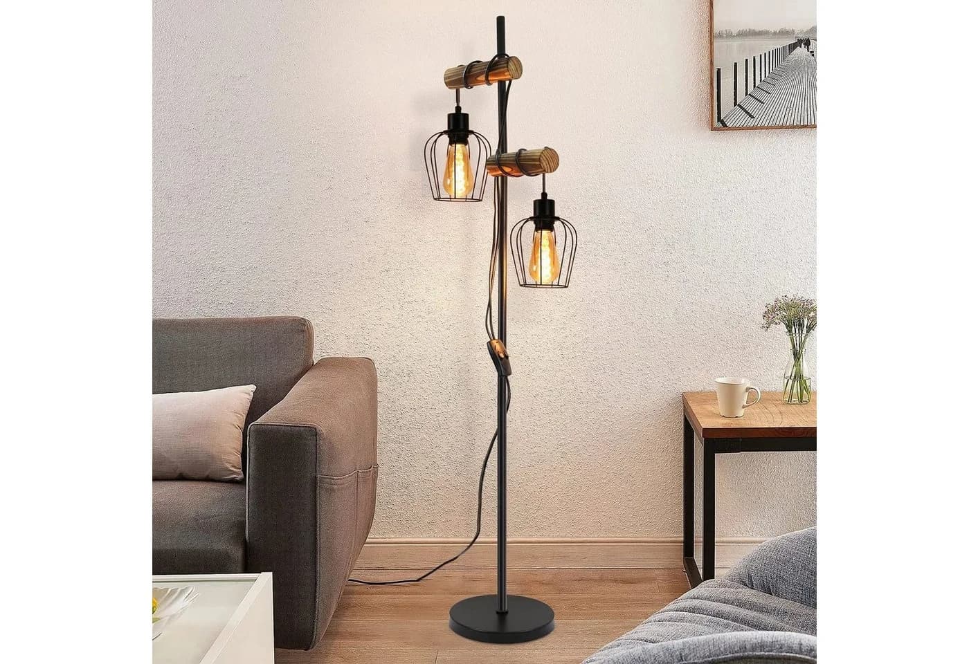 ZMH Stehlampe Wohnzimmer 1/2 Flammig 151CM Holz Retro Standleuchte Schwarz - Bild 3