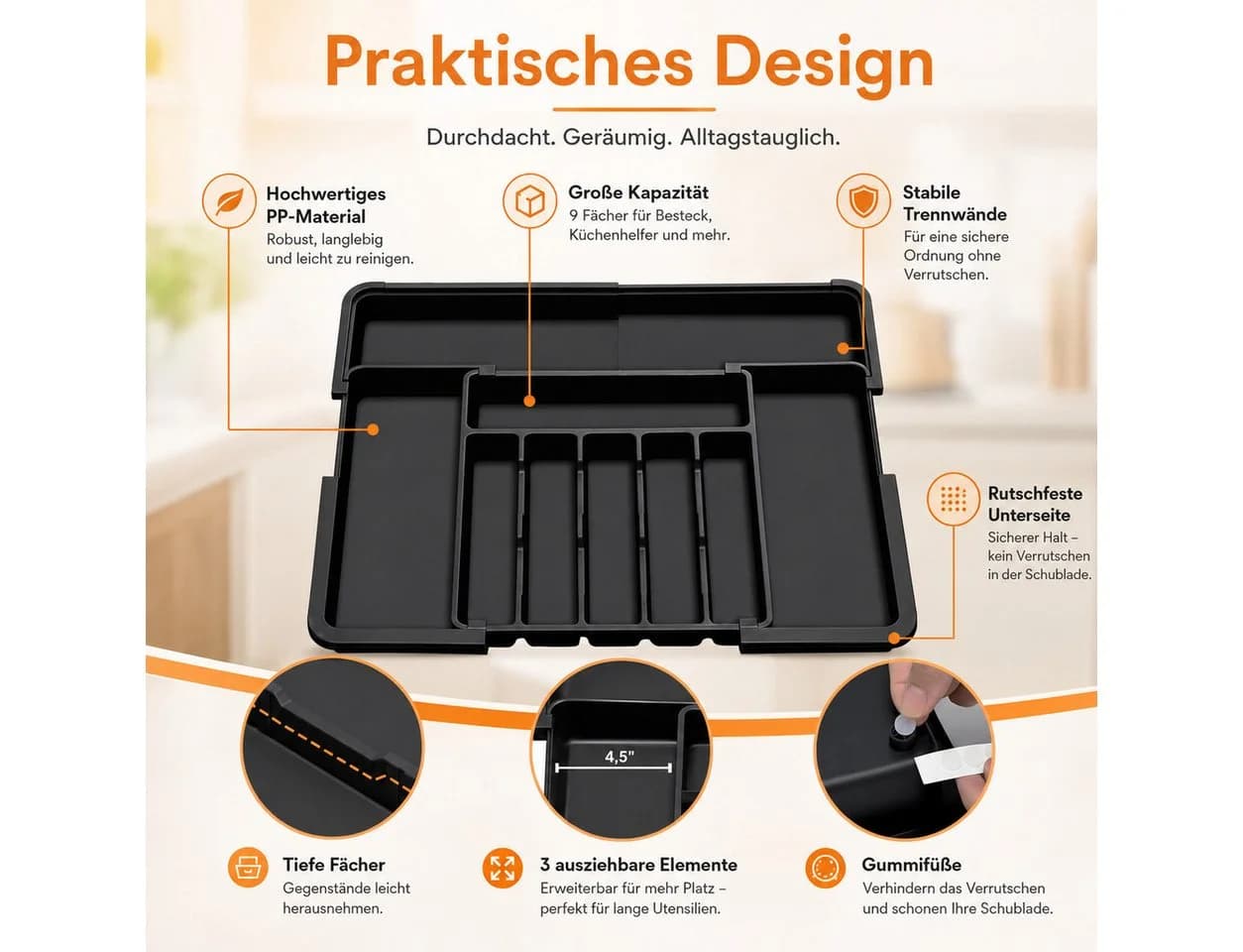 VEKROBOT Besteck Organizer Schwarz Verstellbar - Bild 4