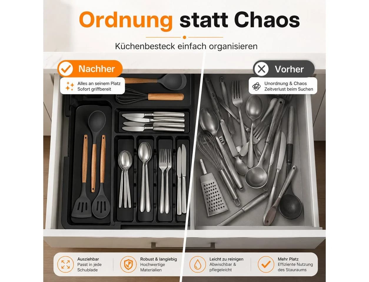 VEKROBOT Besteck Organizer Schwarz Verstellbar - Bild 5