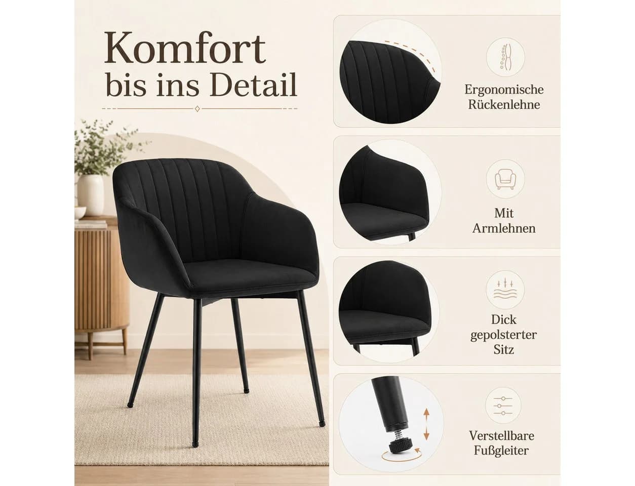 SHINEDEER Esszimmerstuhl Schwarz Samt mit Armlehne - Bild 4