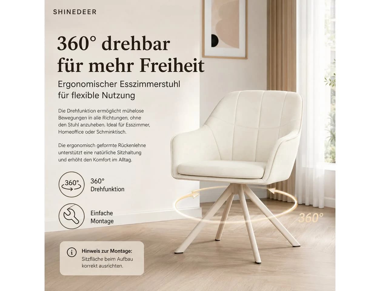 SHINEDEER Polsterstuhl Drehstuhl 6er Set Beige Samt mit Armlehne - Bild 5