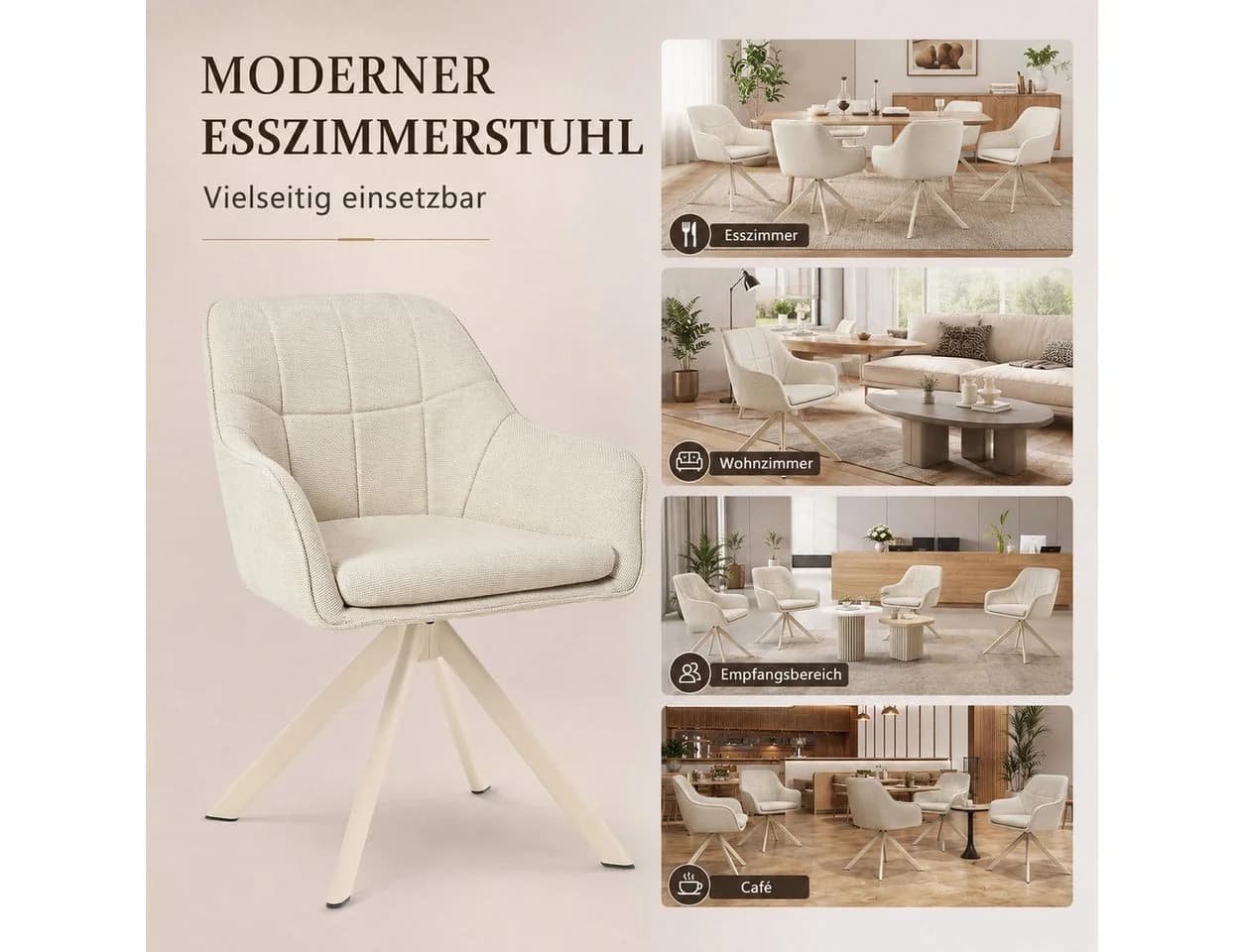 SHINEDEER Polsterstuhl Drehstuhl mit Armlehne 6er Set Beige Webstoff - Bild 5