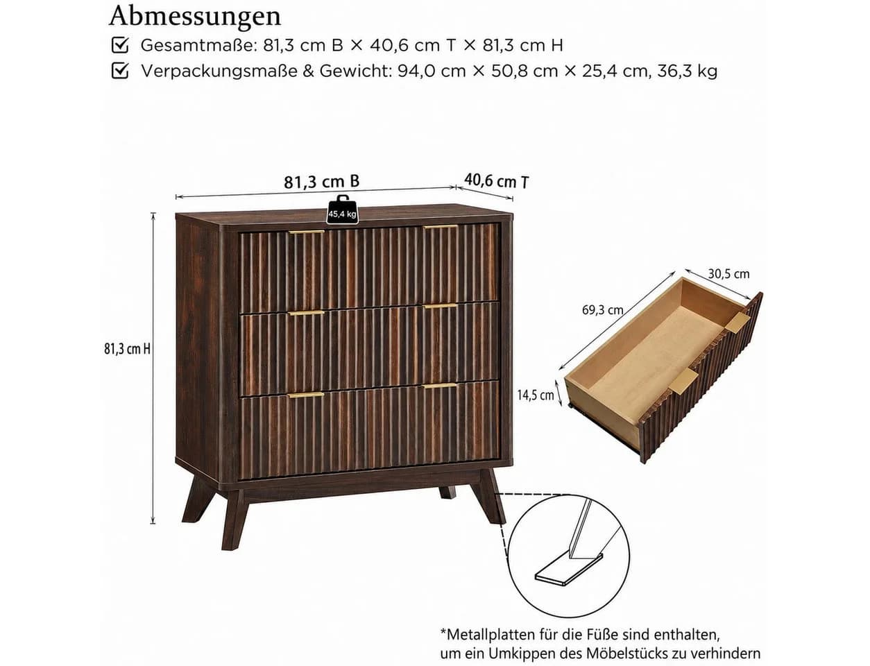SHINEDEER Kommode 3 Schubladen Dunkelbraun Gold Metallgriffe - Bild 3