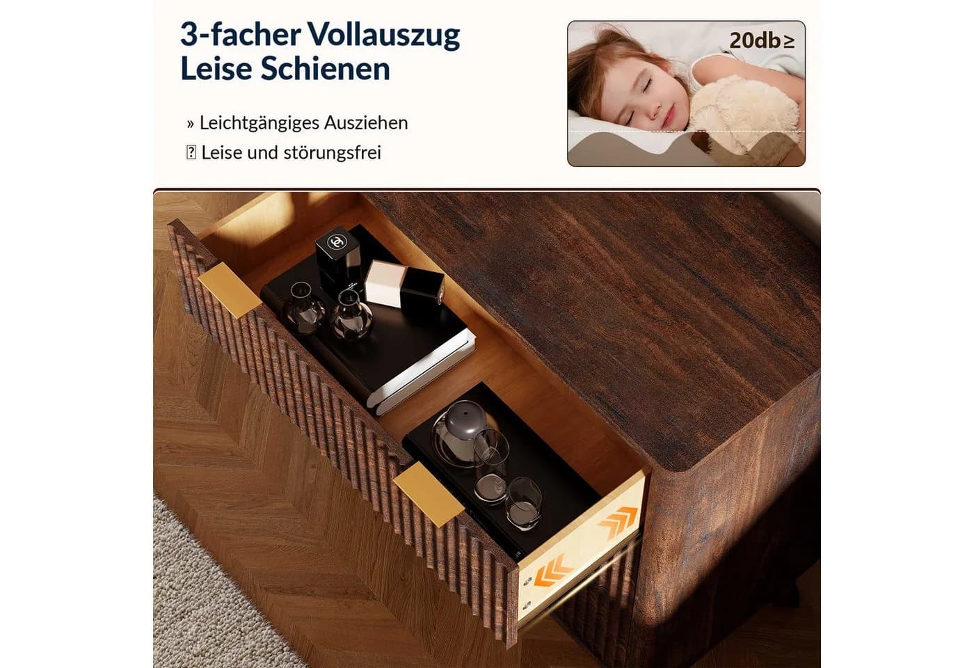 SHINEDEER Kommode 3 Schubladen Dunkelbraun Gold Metallgriffe - Bild 4