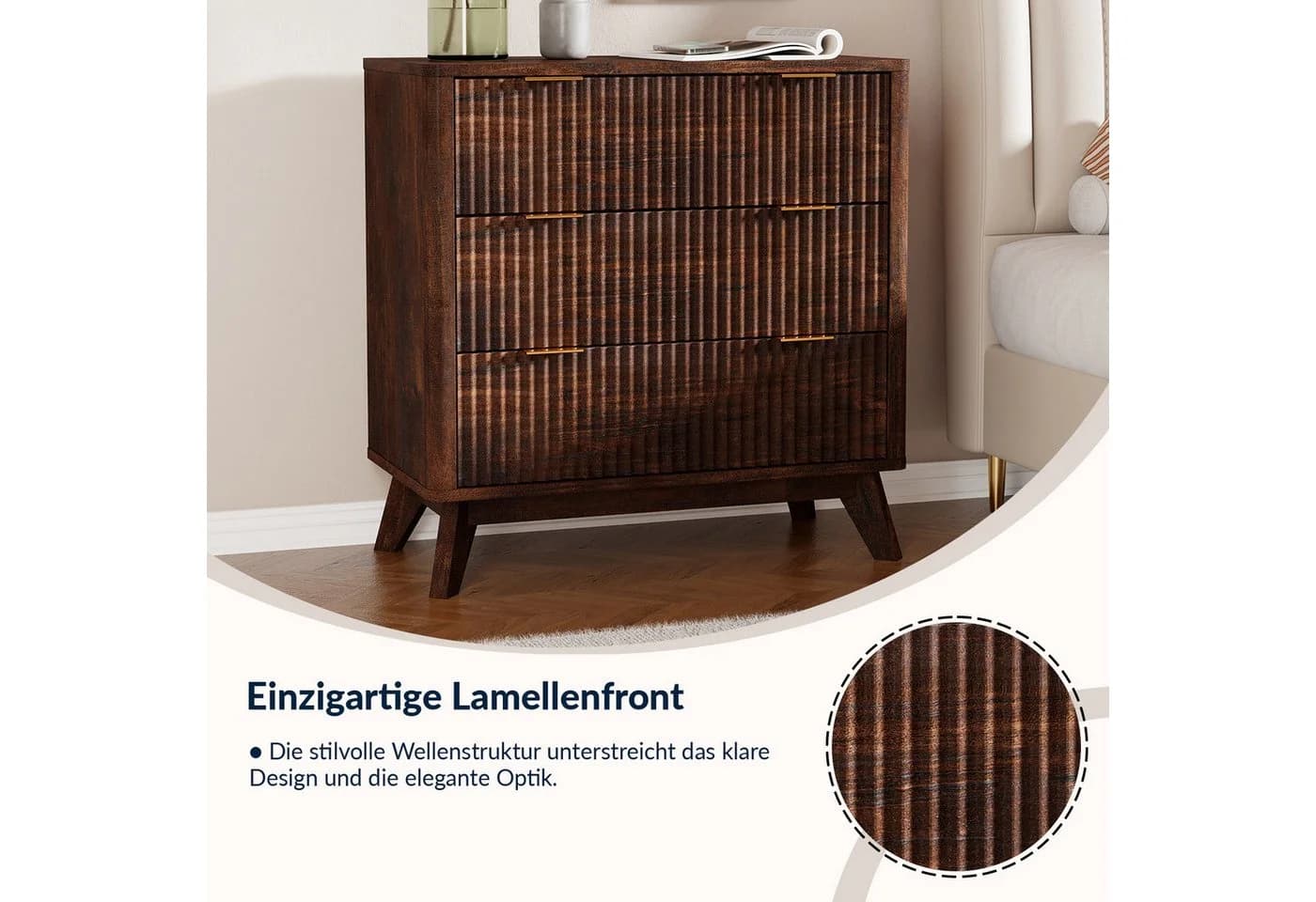 SHINEDEER Kommode 3 Schubladen Dunkelbraun Gold Metallgriffe - Bild 5