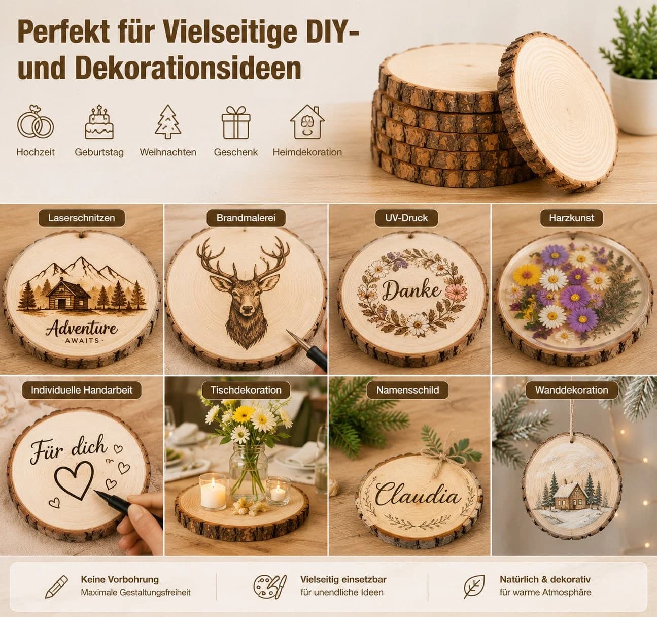 lindahandel Kiefer Holzscheiben 16–17 cm, 15 mm Dicke, 8-tlg. Rindenscheiben - Bild 4