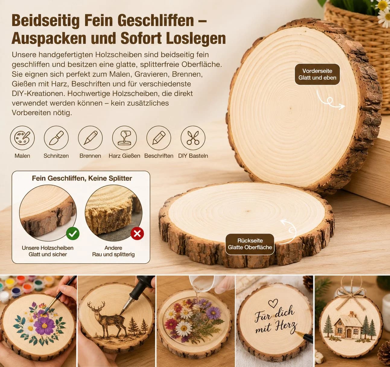 lindahandel Kiefer Holzscheiben 16–17 cm, 15 mm Dicke, 8-tlg. Rindenscheiben - Bild 5