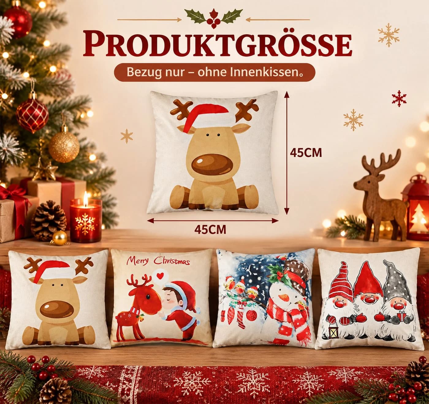 lindahandel Kissenbezüge Weihnachts 4er Set Leinen Beige