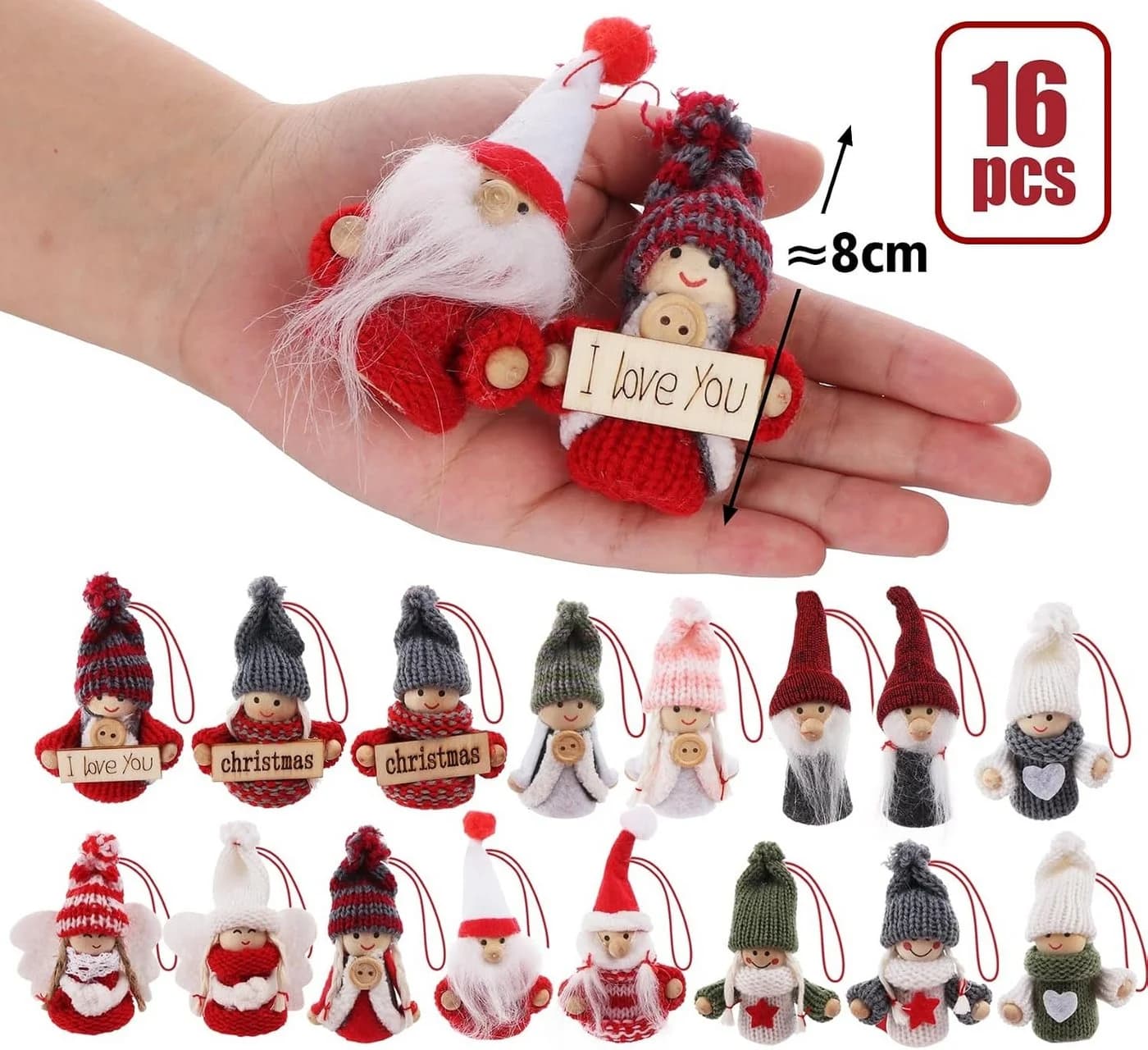 lindahandel 16er Christbaumschmuck Wichtel Set Rot mit Zedernholz-Perlen