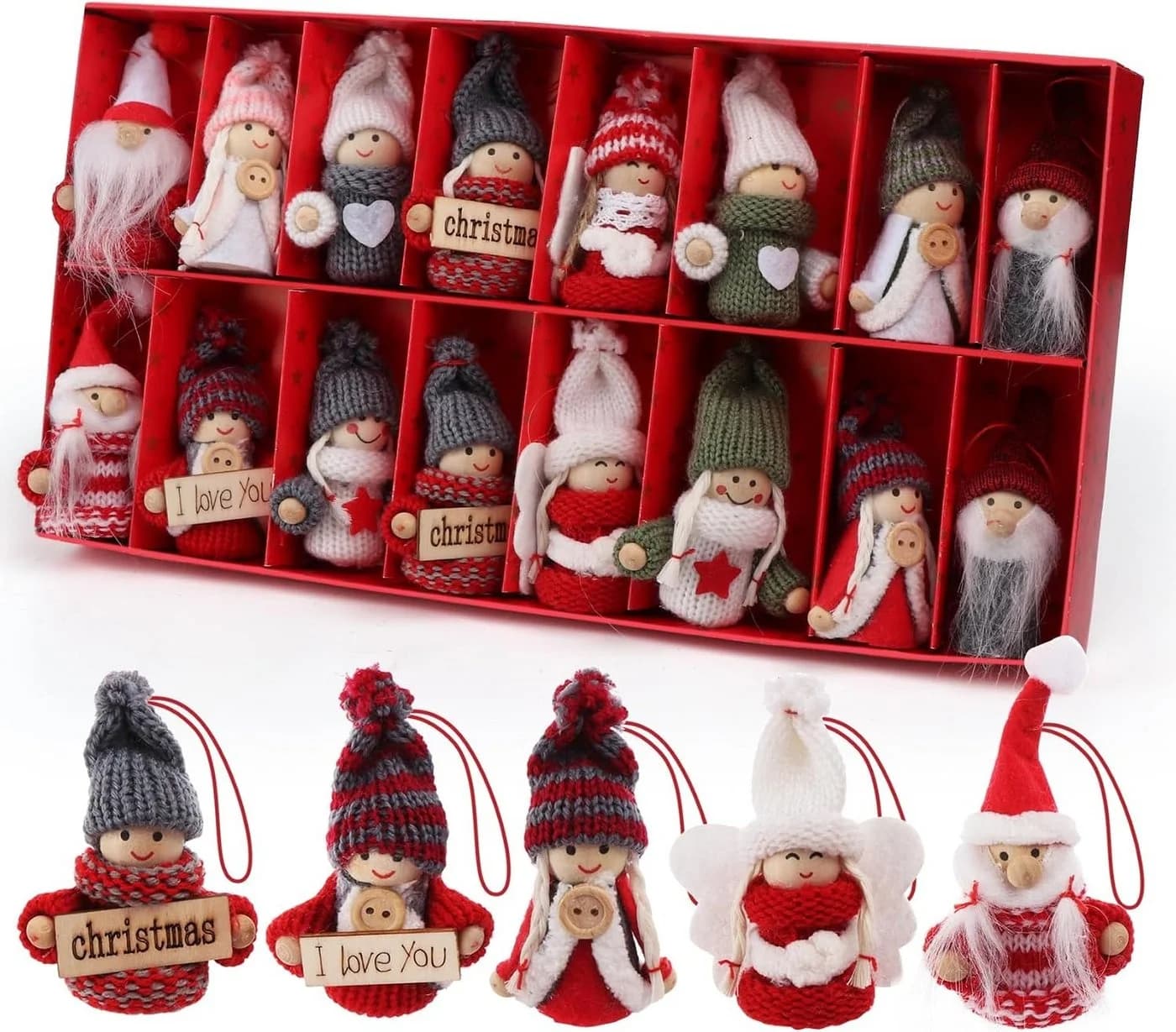 lindahandel 16er Christbaumschmuck Wichtel Set Rot mit Zedernholz-Perlen - Bild 2
