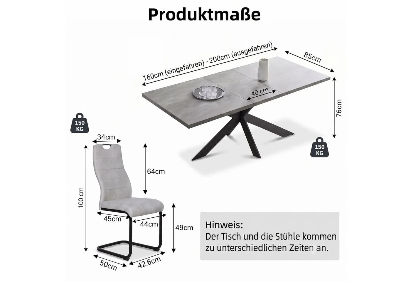 Jiexi Essgruppe ausziehbar 160-200cm mit Freischwinger-Stühlen Grau - Bild 3
