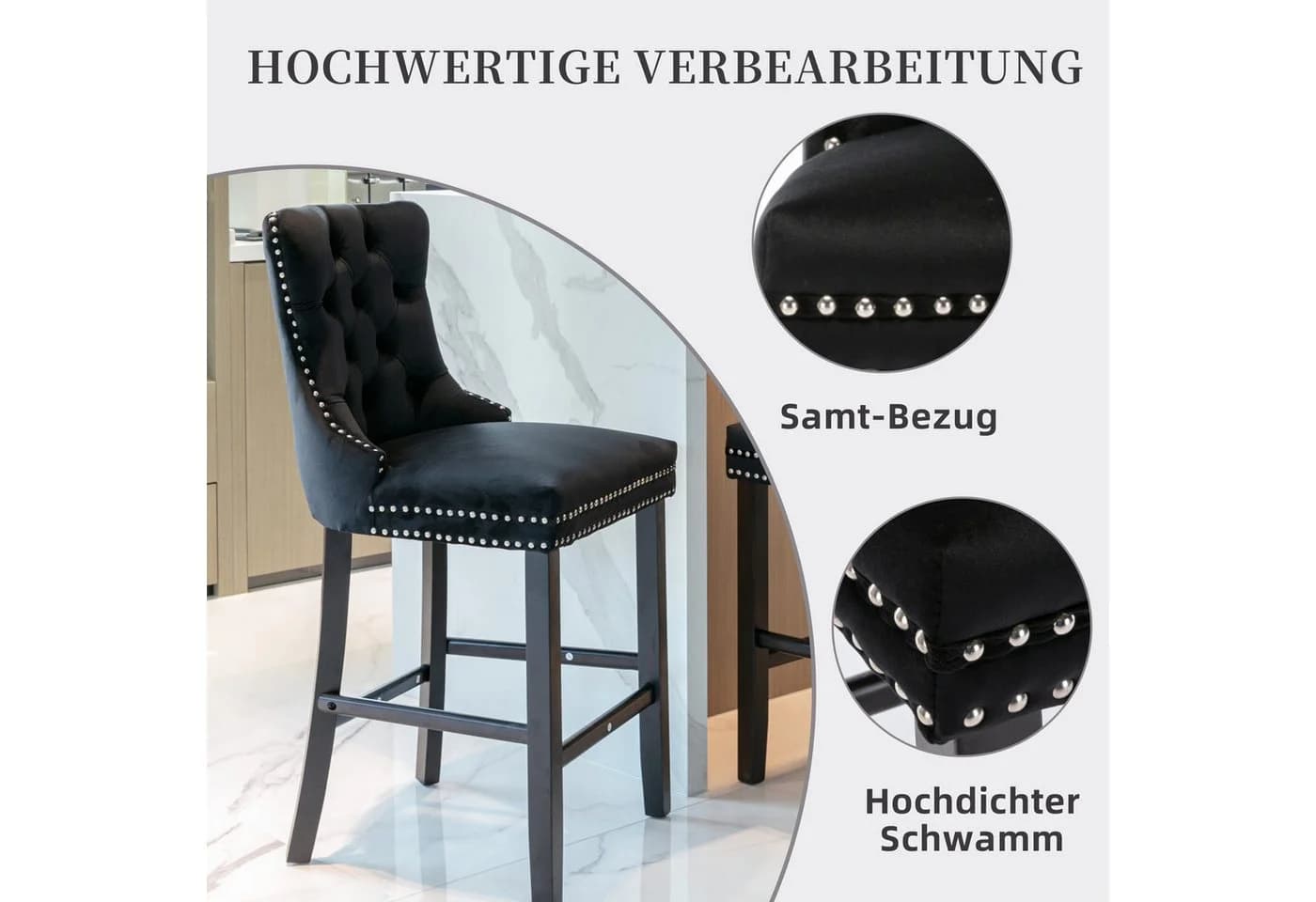 SeedWave Barhocker 2er-Set Samt Rückenlehne Holzfüße - Bild 3