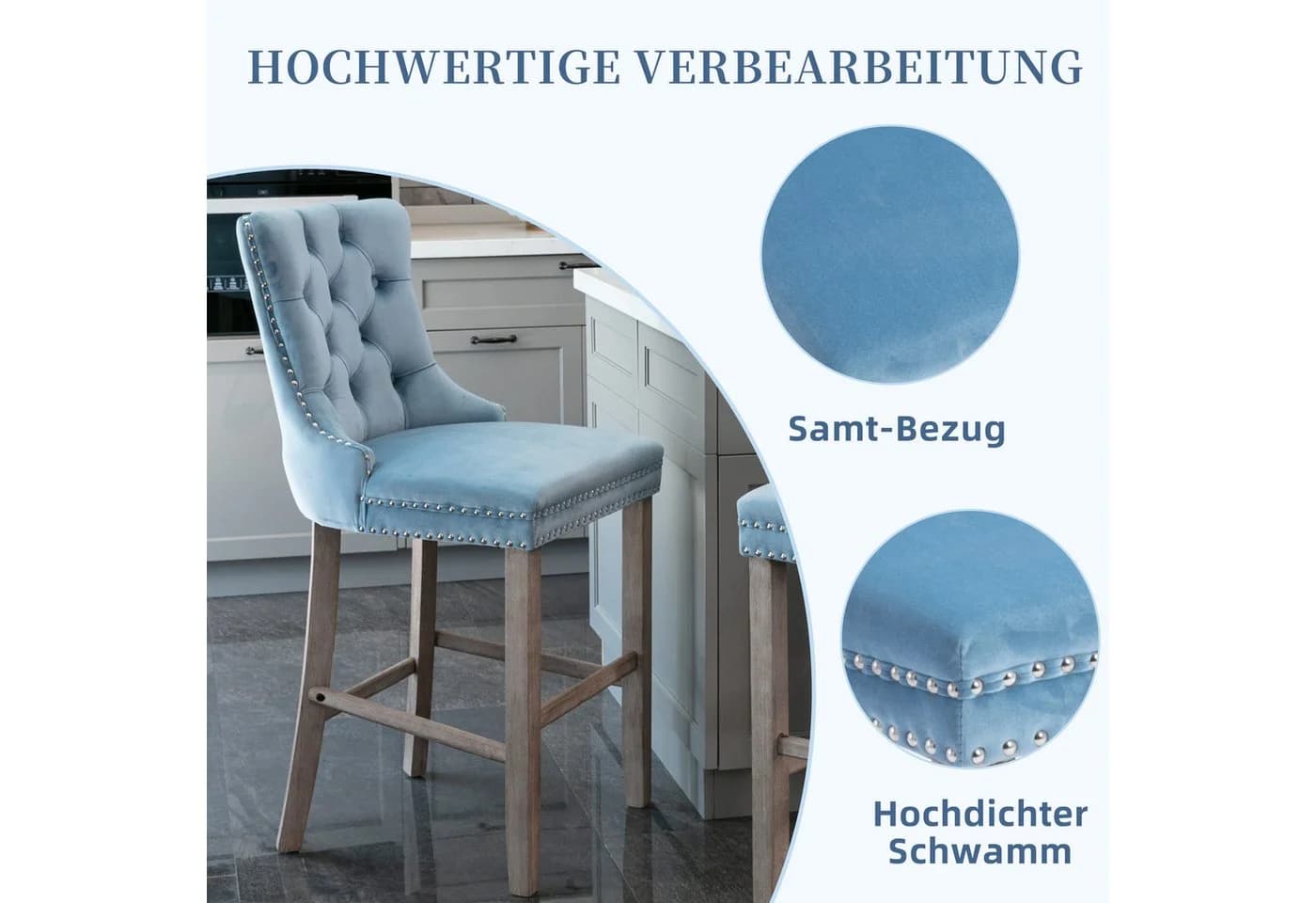 SeedWave Barhocker Mit Rückenlehne, 2er-Set Samt Barstuhl Mit Verstellbaren Schrauben, Polsterhocker Inkl. 4 Holzfüße Mit Fußstütze, Nieten Und Knopf-Design - Bild 3