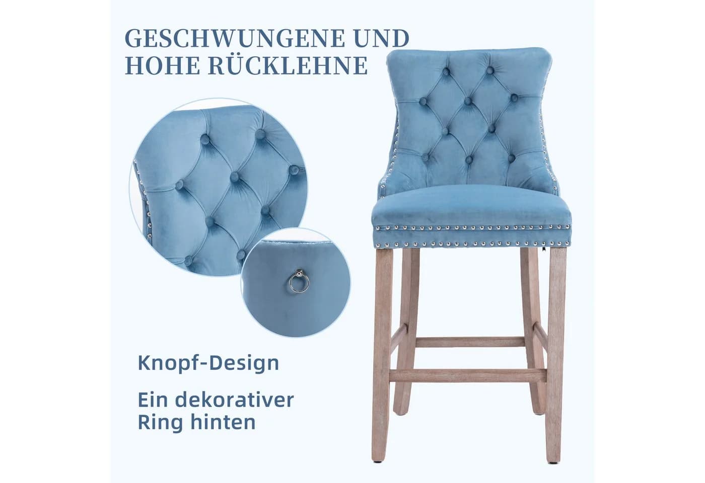 SeedWave Barhocker Mit Rückenlehne, 2er-Set Samt Barstuhl Mit Verstellbaren Schrauben, Polsterhocker Inkl. 4 Holzfüße Mit Fußstütze, Nieten Und Knopf-Design - Bild 4