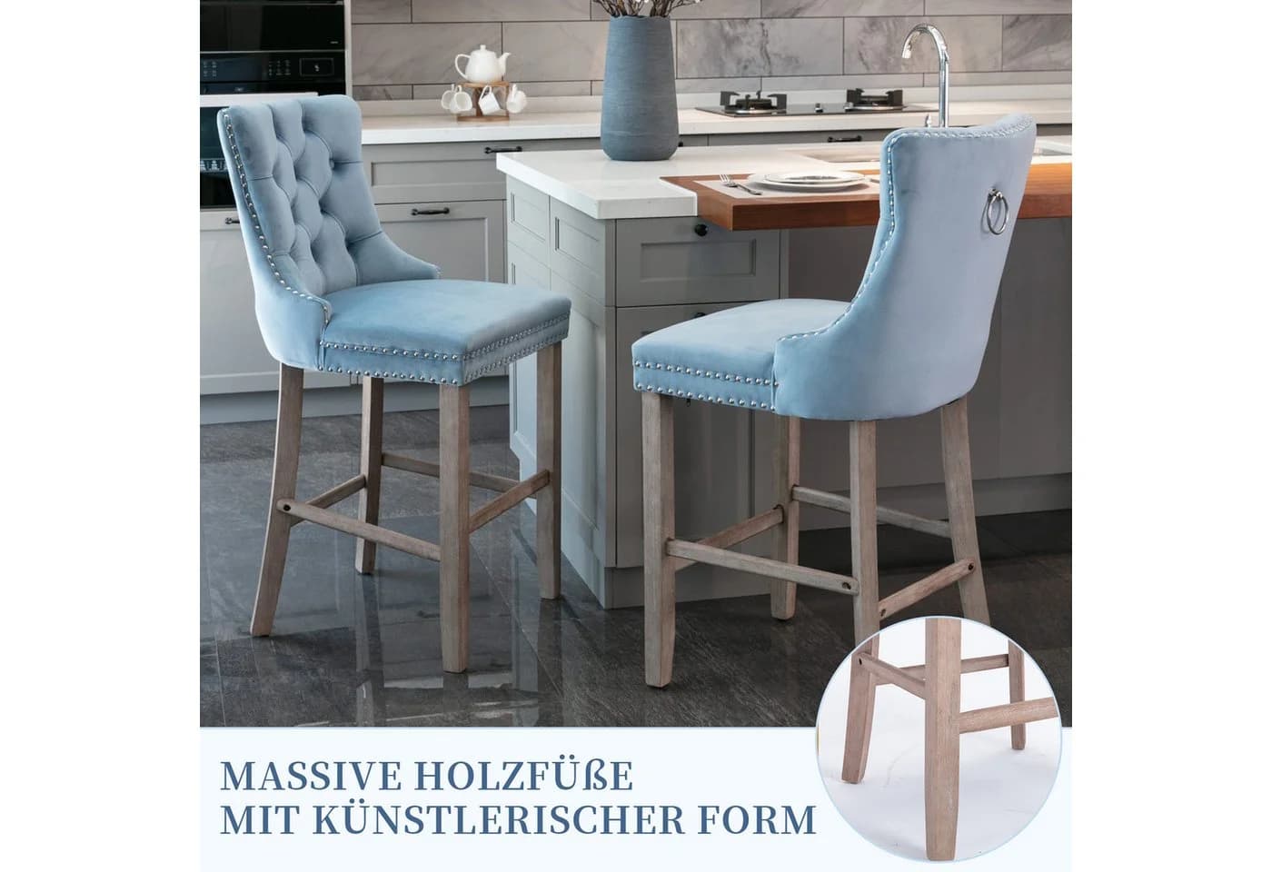 SeedWave Barhocker Mit Rückenlehne, 2er-Set Samt Barstuhl Mit Verstellbaren Schrauben, Polsterhocker Inkl. 4 Holzfüße Mit Fußstütze, Nieten Und Knopf-Design - Bild 5